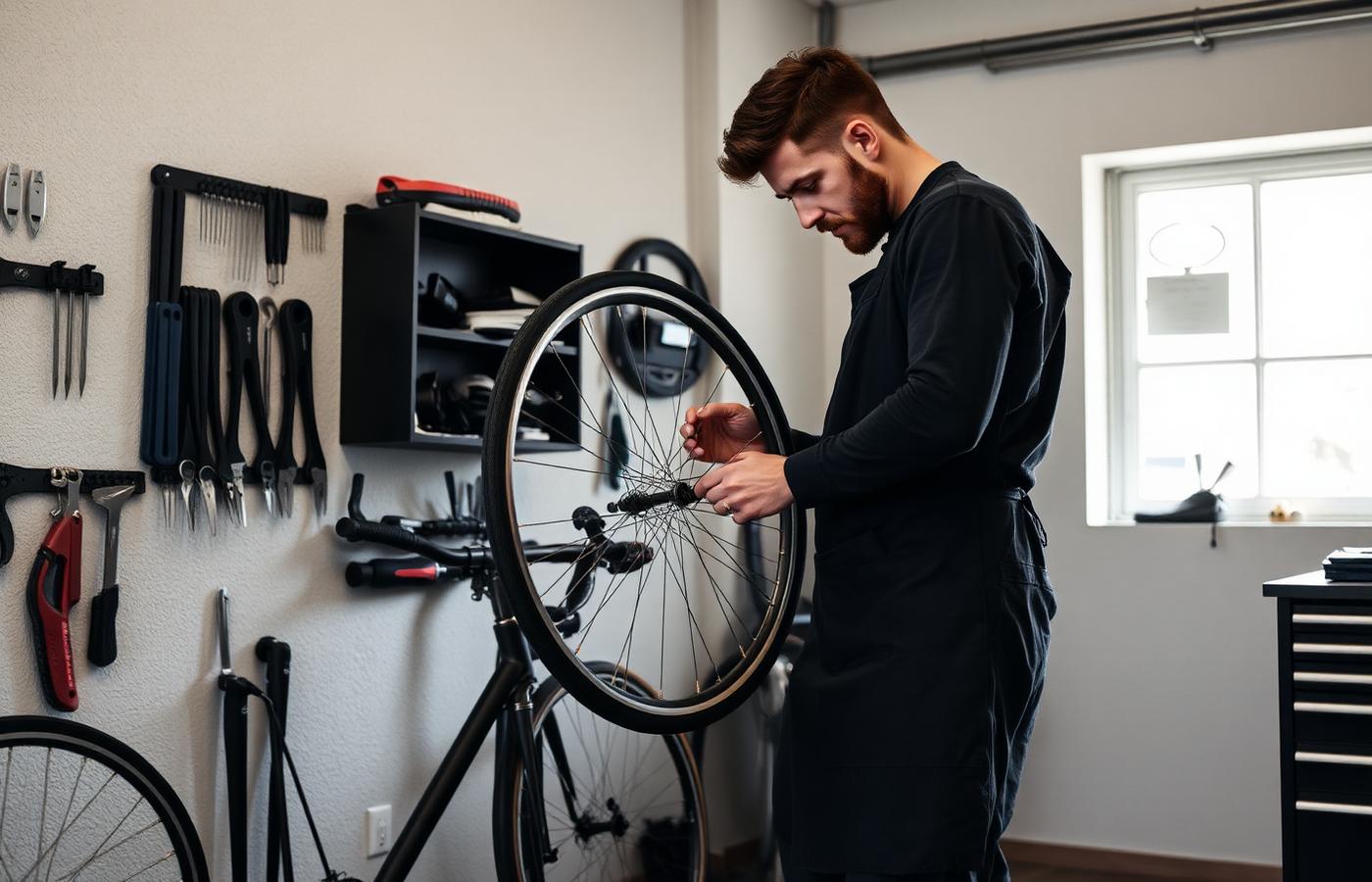 Monteur centreert een wiel in de werkplaats van BikeFlash
